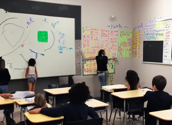 Image similar to a female teacher is writing on a chalkboard, not noticing that the kids in the front row are drawing pentagrams and summoning demons