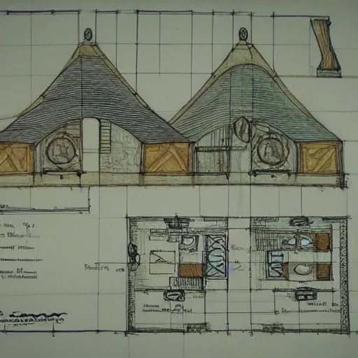 Prompt: blueprints for a hobbit cottage