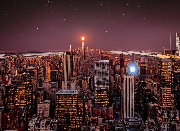 Image similar to film still of the moon breaking into pieces over manhatten in the new disaster movie, 8 k, night time