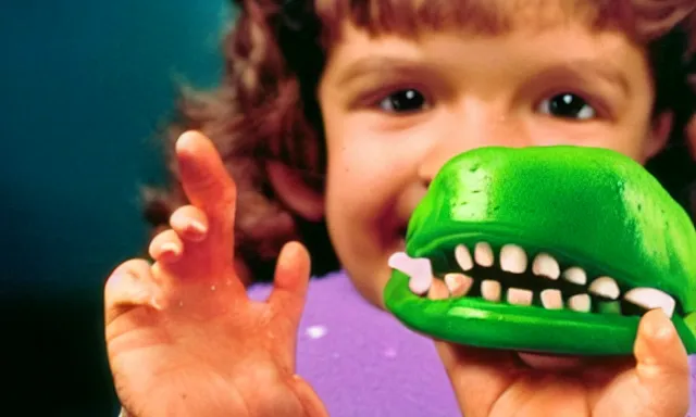 Image similar to kid playing with slime monster, realistic, detailed faces, toy commercial photo, highly detailed, photo from the 80s