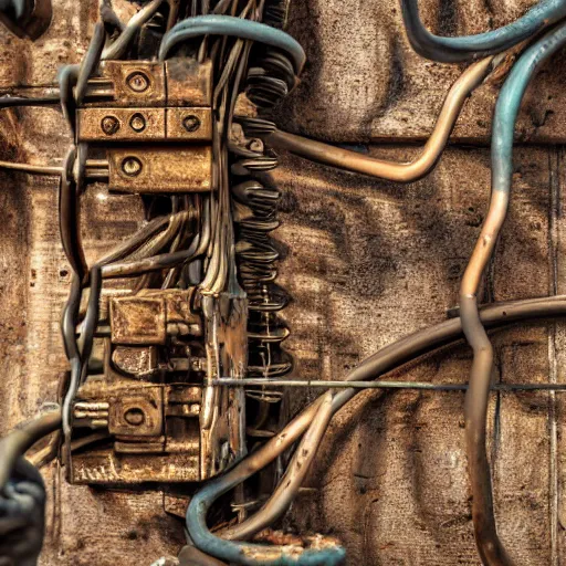 Prompt: Rusty wiring, metal rusty, mechanical parts, high detail, 8k, HD