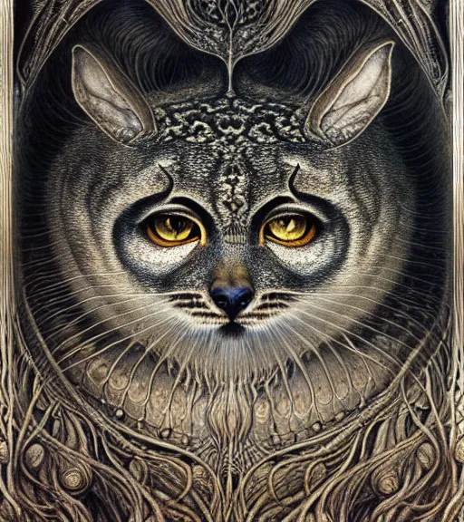 Image similar to detailed realistic beautiful manul portrait by jean delville, gustave dore, iris van herpen and marco mazzoni, art forms of nature by ernst haeckel, art nouveau, symbolist, visionary, gothic, neo - gothic, pre - raphaelite, fractal lace, intricate alien botanicals, ai biodiversity, surreality, hyperdetailed ultrasharp octane render