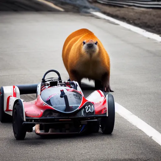 Prompt: a capybara driving a race car, DSLR 15mm, photography