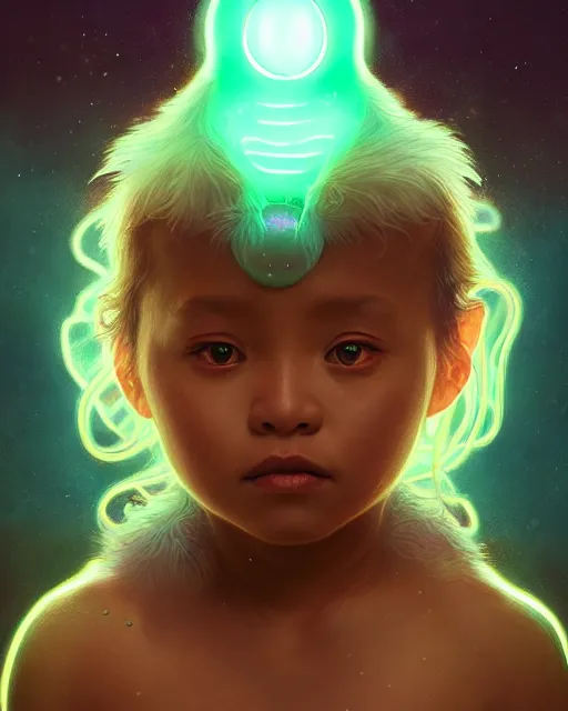 Image similar to one singular portrait of a cute bioluminescent baby creature with big glowing eyes, highly detailed, digital painting, cinematic, hyper realism, dark retrowave, art by Stanley Lau and Artgerm and magali villeneuve and Alphonse Mucha, artstation, octane render, cgsociety