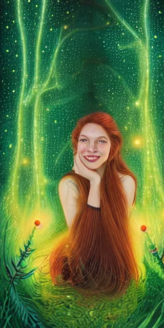 Image similar to infp young woman, smiling amazed, golden fireflies lights, sitting in the midst of nature fully covered, long loose red hair, intricate linework, bright green eyes, small nose with freckles, oval shape face, realistic, expressive emotions, dramatic lights spiritual scene, hyper realistic ultrafine art by michael cheval, jessica rossier, boris vallejo