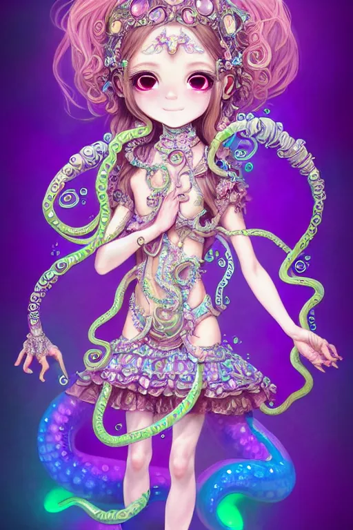 Prompt: A full body shot of a cute young magical girl wearing an ornate dress made of opals and tentacles. Chibi Monster GIrl. Subsurface Scattering. Dynamic Pose. Translucent Skin. Rainbow palette. defined facial features, symmetrical facial features. Opalescent surface. Soft Lighting. beautiful lighting. By Giger and Ruan Jia and Artgerm and WLOP and William-Adolphe Bouguereau and Loish and Lisa Frank. Fantasy Illustration. Sailor Moon. Masterpiece. trending on artstation, featured on pixiv, award winning, cinematic composition, dramatic pose, sharp, details, Hyper-detailed, HD, HDR, 4K, 8K.