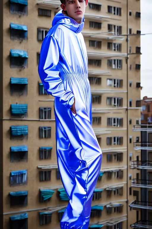 Image similar to un ultra high definition studio quality photographic art portrait of a young man standing on the rooftop of a british apartment building wearing soft baggy inflatable padded iridescent pearlescent jumpsuit. three point light. extremely detailed. golden ratio, ray tracing, volumetric light, shallow depth of field. set dressed.