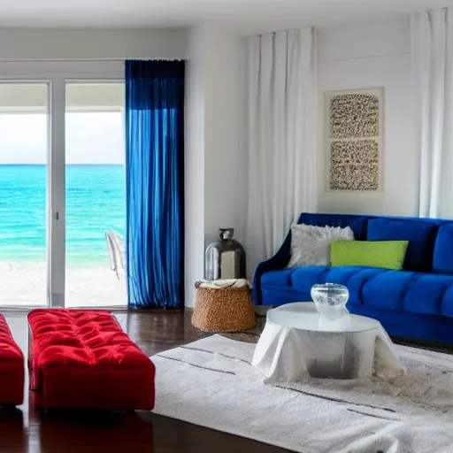 Prompt: a white interior of a house, with a bright red couch, and a blue cupboard in the background, green rug on the ground infront of the couch, and a sliding door open with the wind blowing white curtains open, and a view of a white sand beach out the door