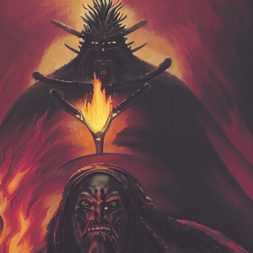 Image similar to head and shoulders portrait of a black samurai fire giant, wreathed in flame, inside a volcano, d & d, fantasy, greg rutkowski, frank frazetta, alexandre chaudret, boris vallejo, michael whelan, miro petrov, hr giger, magali villeneuve, donato giancola