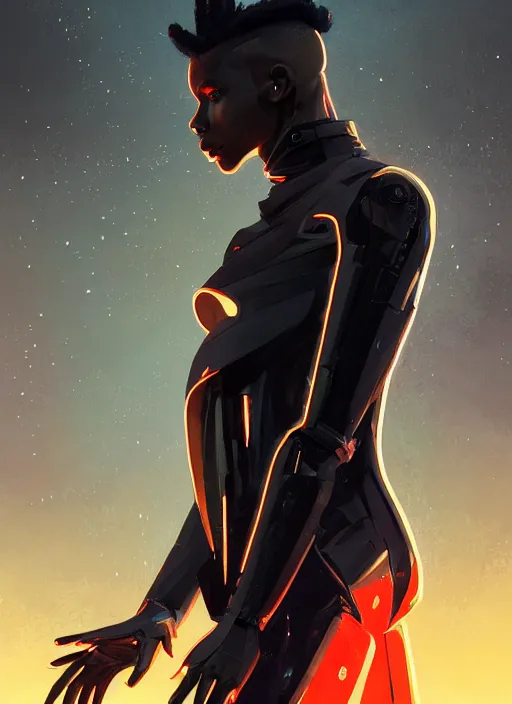 Image similar to full body side profile of slim black man with mohawk, futuristic techwear, highly detailed clothing, angular jawline, masculine, digital painting, artstation, blade runner concept art, smooth, sharp focus, electric orange light, fantasy art by greg rutkowski, loish, rhads, ferdinand knab, makoto shinkai, ilya kuvshinov, rossdraws