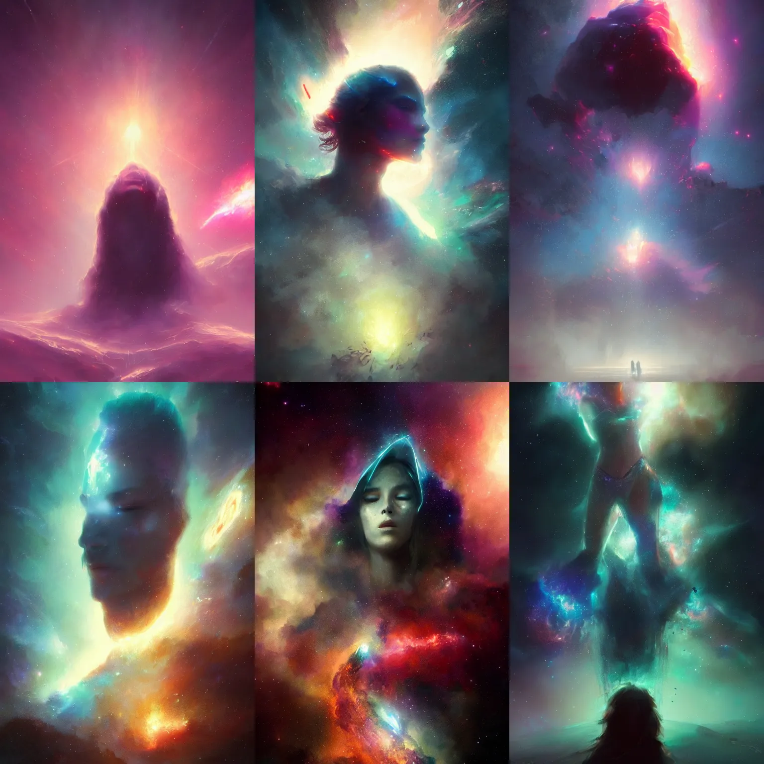 Prompt: face melting into the universe, awe, volumetric lights, nebula, by greg rutkowski, trending on artstation