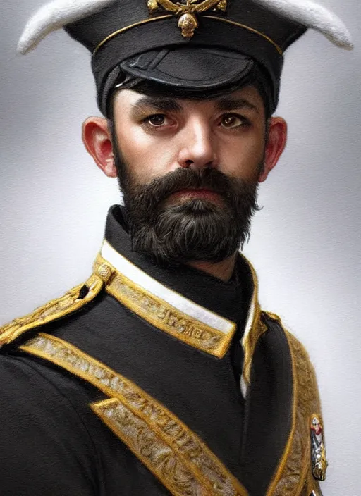 Image similar to portrait of stoic looking miniature schnauzer, military uniform, black fir, white eyebrows, fantasy, intricate, elegant, highly detailed, centered, dark, smokey, digital painting, artstation, concept art, smooth, sharp focus, illustration, art by artgerm and greg rutkowski and alphonse mucha