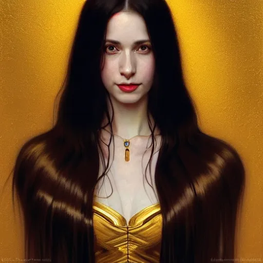 Image similar to portrait of a smiling, beautiful, pale skin eastern european female with long black hair, dark brown eyes, elegant clothing, photorealistic, highly detailed, artstation, smooth, sharp focus, gold ornaments, neon lighting, sci - fi, art by gustav klimt, artgerm, greg rutkowski and alphonse mucha