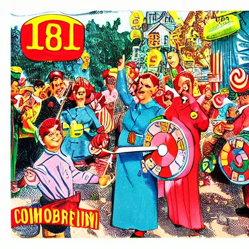 Prompt: a communist revolution in Candy Land, 1960s illustration, high quality