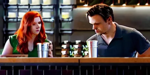 Image similar to bucky barnes and natasha romanoff working at starbucks, as played by sebastian stan and scarlett Johansson, coworkers, starbucks aprons and visors, daytime, at the counter, laughing, bucky has long hair and a metal arm, green clothing, warmth, friendship, cinematic, ambient lighting,, 8k, scene