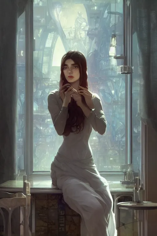 Image similar to an attractive serene cute android in a cafe, partially human , partially biomedical design , natural atmosphere, great high details, highly reaslitic, cinematic lighting, intricate, elegant, super highly detailed, art station, concept arD, beautiful, delicate, art by artgerm and greg rutkowski and alphonse mucha and loish and WLOP