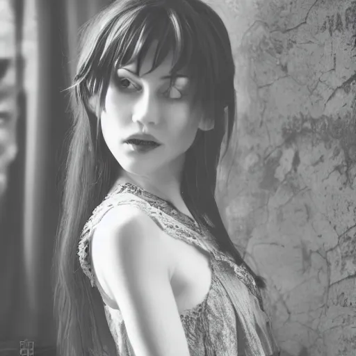 Prompt: shot from a distance, rococo, manga, tonal, young lady, thin, dark hair, wearing isabel murant