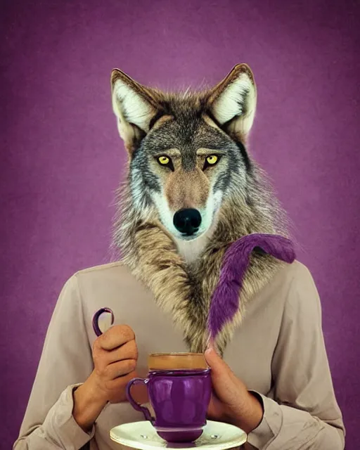 Image similar to Tall emaciated man wolf hybrid with long coyote like ears, wearing a purple velvet enjoying a cup of tea, British Tea Parties, highly realistic, Rick Baker style, photoreal, photograph in the style of Annie Leibovitz