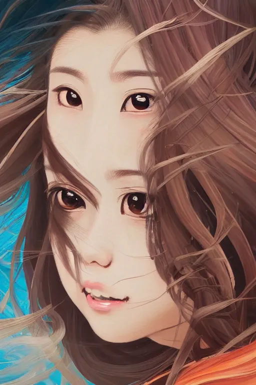 Image similar to beautiful young heroine like twice tzuyu+laughing+happy+smoky eyes+front face with light flowing hair smiling, great wave of hokusai, oil painting, portrait, acryllic spill, intricate complexity, rule of thirds, in the style of Kazuki Tanahashi, Genzoman, face by Artgerm and WLOP, fantasy character concept, Artgerm, watermark, blurry,cropped, 8k