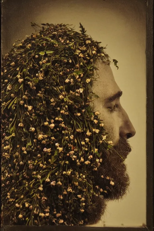 Image similar to a man's face in profile, long beard, made of flowers and fruit, in the style of the Dutch masters and Gregory crewdson, dark and moody, melancholy