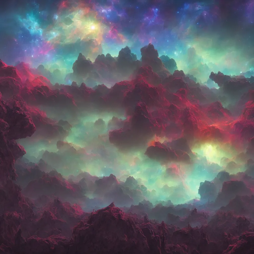 Prompt: colorful. A highly detailed 4K fantasy matte painting of a nebula in the sky. Behind from a forrest floor silouette, zdzislaw beksinski, ArtStation, CGSociety, Unreal Engine