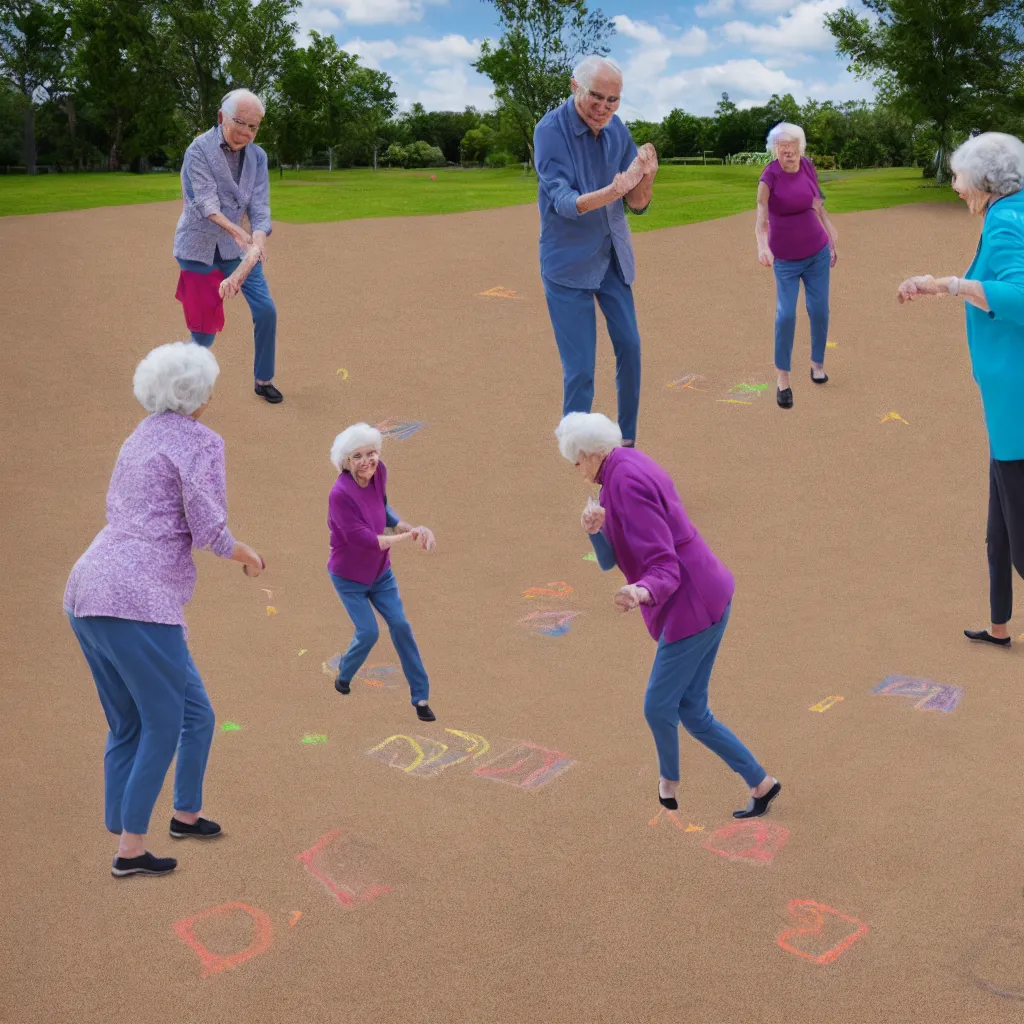 Image similar to old people playing hopscotch on the active minefield, very detailed, 4 k, professional photography