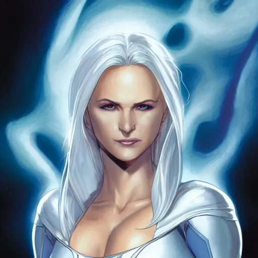 Prompt: portrait of emma frost, a beautiful woman in her 3 0 s with white blonde hair and blue eyes dressed in a fashionable white suit, detailed face, beautiful face, delicate features, smooth, sharp focus, graphic novel, art by artgerm and greg rutkowski and joe madureira and alan davis,