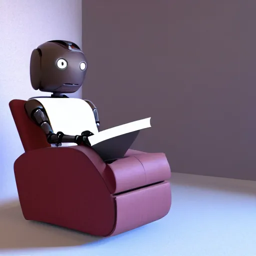 Image similar to futuristic studious matte brown and red full-body humanoid robot with two huge round expressive sad purple glowing LED eyes and open rectangular mouth sitting on a large comfortable cushioned 1950s vintage recliner reading a newspaper. open newspaper. Cinematic Movie Photograph, Arri Alexa, Extremely Detailed, smooth, very very clean, 8K, octane render, maya render, unreal engine, trending on artstation, DSLR, excellent composition, center frame