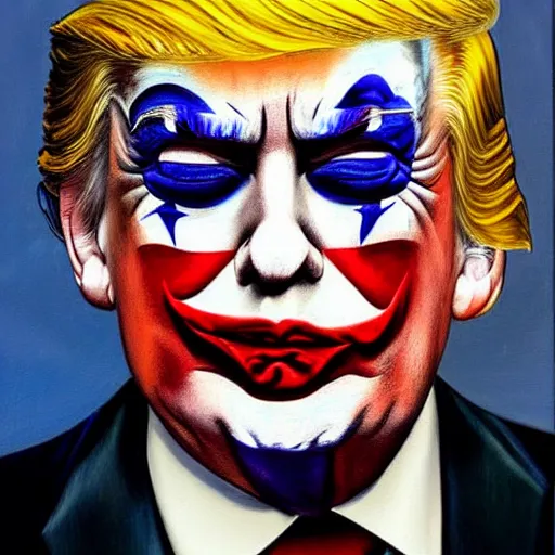 Prompt: donald trump with his face painted like the joker, oil painting, detailed, realistic,