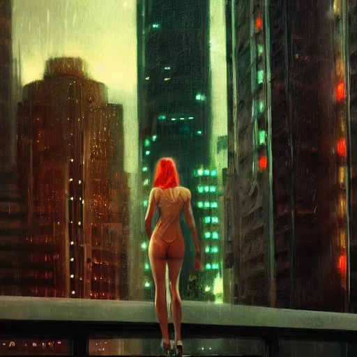 Image similar to detailed portrait of a woman, moment, cyberpunk observation deck, electronic billboards, tech noir, wet reflections, atmospheric, ambient, livia prima, greg rutkowski, edward hopper, pj crook