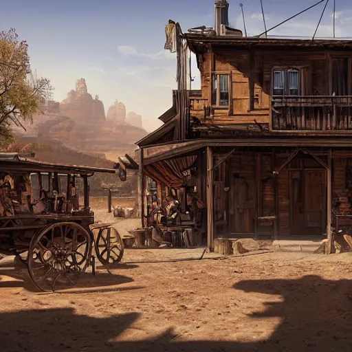Prompt: painting of a wild west town, no people, saloon, golden hour, ultra realistic, concept art, dark fantasy, intricate details, eerie, highly detailed, photorealistic, octane render, 8 k, unreal engine 5. art by artgerm and greg rutkowski and alphonse mucha