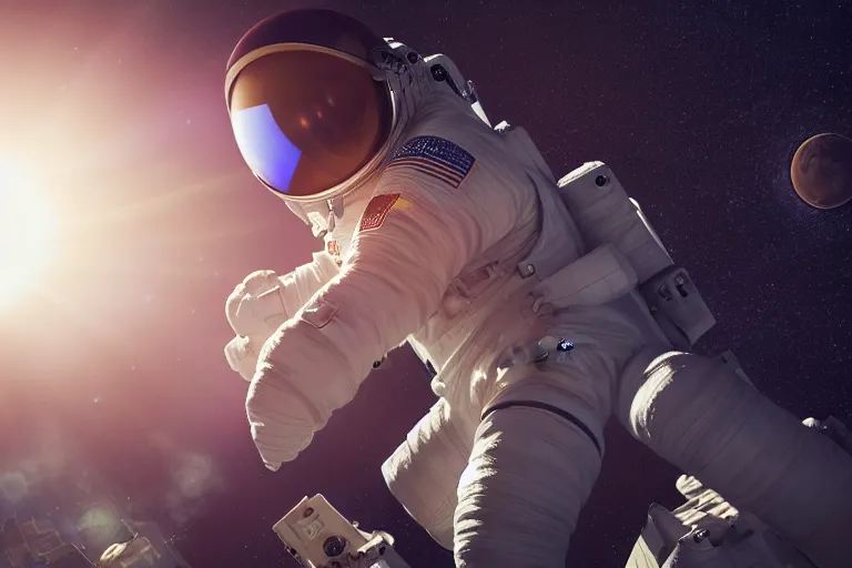 Prompt: astronaut in space wearing a spacesuit floating, earth in background, highly detailed, photorealistic, full body, bright studio setting, studio lighting, crisp quality and light reflections, unreal engine 5 quality render