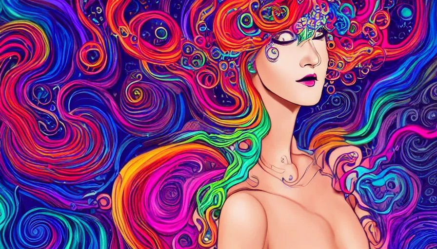 Image similar to a digital painting of a woman with colorful hair made of curly liquid and bubbles, intricate mechanical details, futuristic, a pop art painting by tomokazu matsuyama, behance contest winner, psychedelic art, psychedelic, 2 d, digital illustration, trending on artstation, anime stylized, accurate fictional proportions, high delicate defined details, ethereal lighting