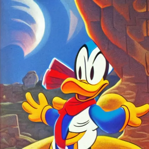 Image similar to donald duck, in a lost ancient city, by carl barks, atmospheric lights