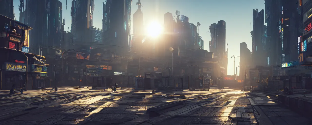 Image similar to photorealistic cyberpunk city streets. daylight. sunlight. lens flare. light fixtures. 8K. detailed. photorealism. artstation. 25mm f/1.7 ASPH Lens. ultra realistic