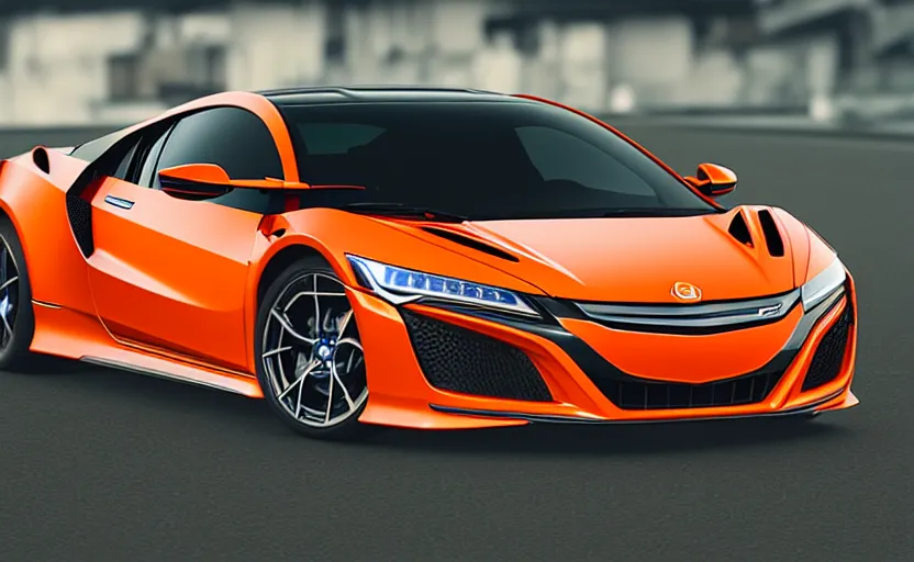 Prompt: honda nsx, futuristic car, symmetrical mechanical features, designed by polestar, night tokyo metropoly, cyberpunk, elegant, matte papaya orange paint, internal wheels, hard surfaces modelling, dramatic, ray tracing, realistic reflections, ultra realistic rendering, bokeh effect, sharp focus