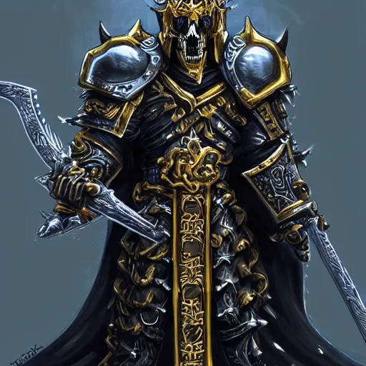 Image similar to lich king wearing black and gold armor with skulls and chains, holding a two handed long straight sword with golden handle, wearing spiked crown helmet with skull mask concept art artstation