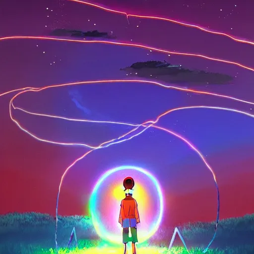 Image similar to a dream machine connected to a boy with a helmet and electric cable with colorfull rays of light illuminate the environment by vanessa morales, studio ghibli,