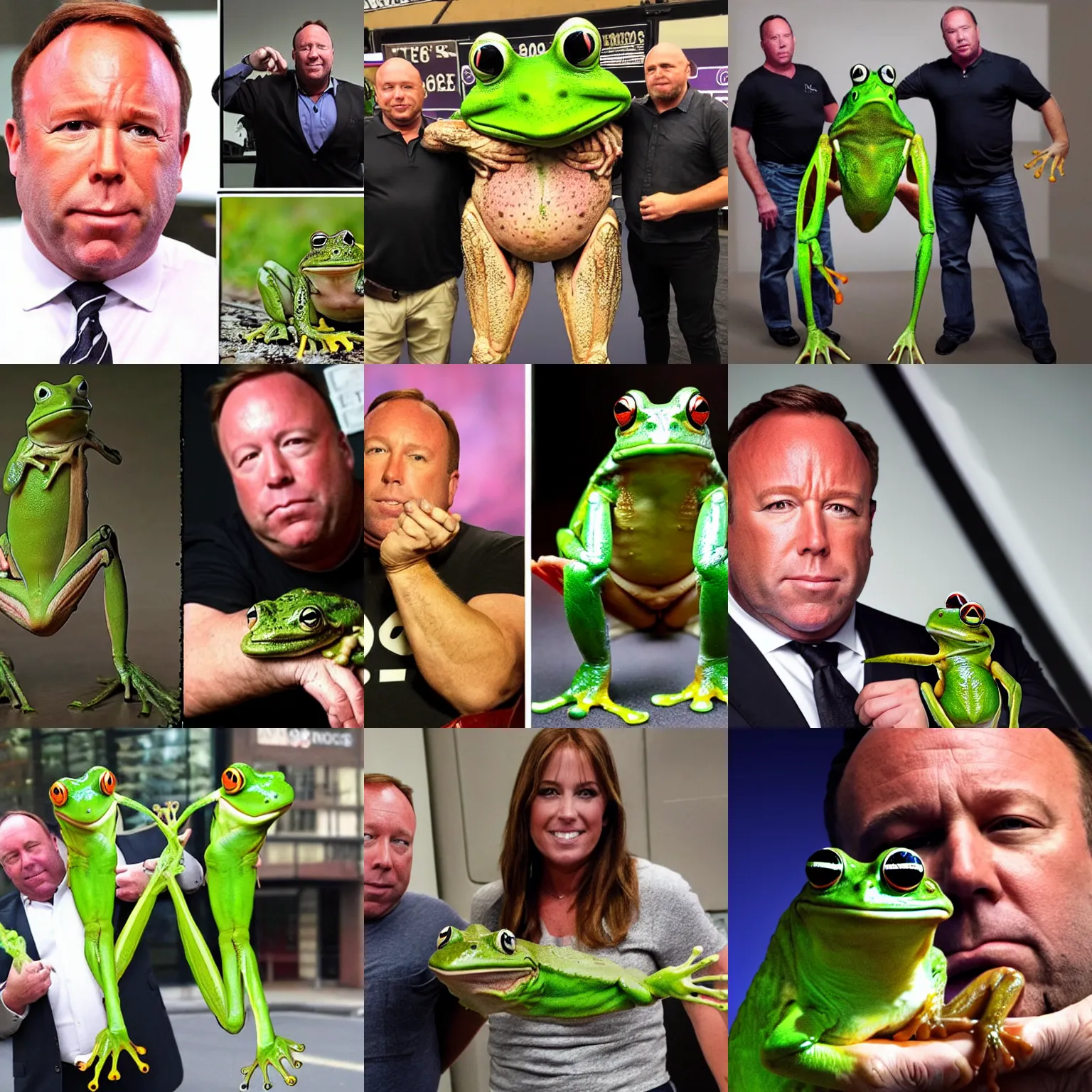 Image similar to Alex Jones standing with frog legs instead of human legs, long human body with frog feet and frog legs and human face, human torso with frog legs
