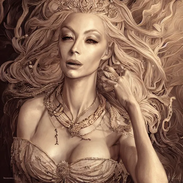 Image similar to the portrait of isabelledeltore as an absurdly beautiful, graceful, elegant, sophisticated, an ultrafine hyperdetailed illustration by kim jung gi, irakli nadar, intricate linework, bright colors, octopath traveler, final fantasy, unreal engine 5 highly rendered, global illumination, radiant light, detailed and intricate environment