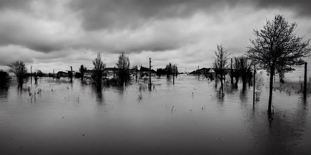 Prompt: A flooded town, bleak atmosphere, grey clouds in the sky