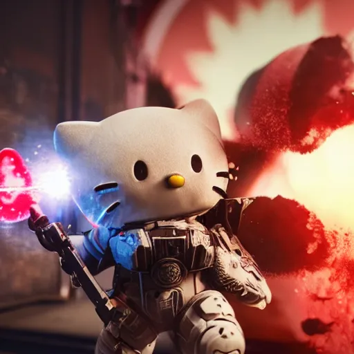 Image similar to hello kitty in gears of war, splash art, movie still, detailed face, cinematic lighting, colour, dramatic, octane render, long lens, shallow depth of field, bokeh, anamorphic lens flare, 8 k, hyper detailed, 3 5 mm film grain