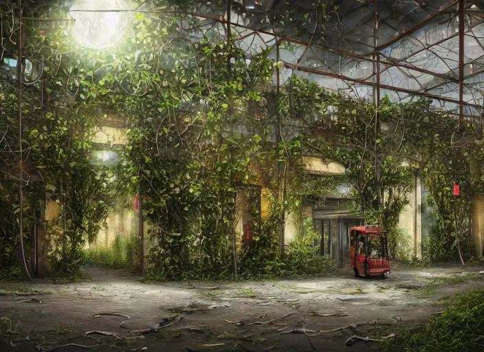 Prompt: trees growing in an abandoned shopping mall, overgrown by flower, vines, at night, overgrown shopping carts, full moon, hyperrealistic, highly detailed, oil painting, intricate, cgsociety, artstation, 8 k, cinematic, muted colors, soft lighting, smooth, sharp focus