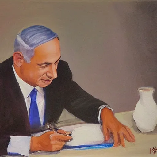 Image similar to benjamin netanyahu sir on table and talk on his phone. painting