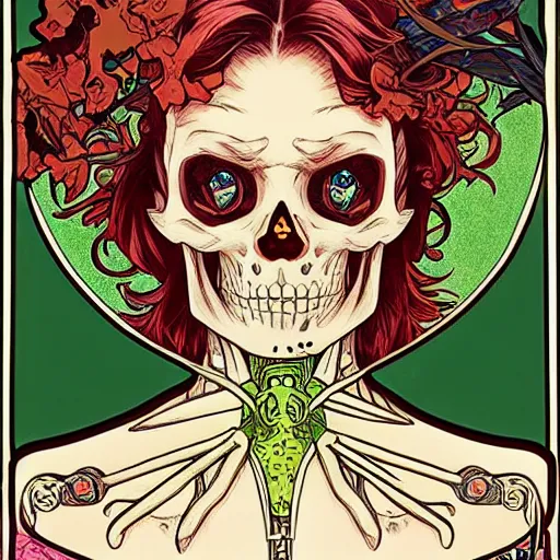 Image similar to manga skull portrait girl female skeleton realism hyperrealistic art Geof Darrow and will cotton alphonse mucha pop art nouveau