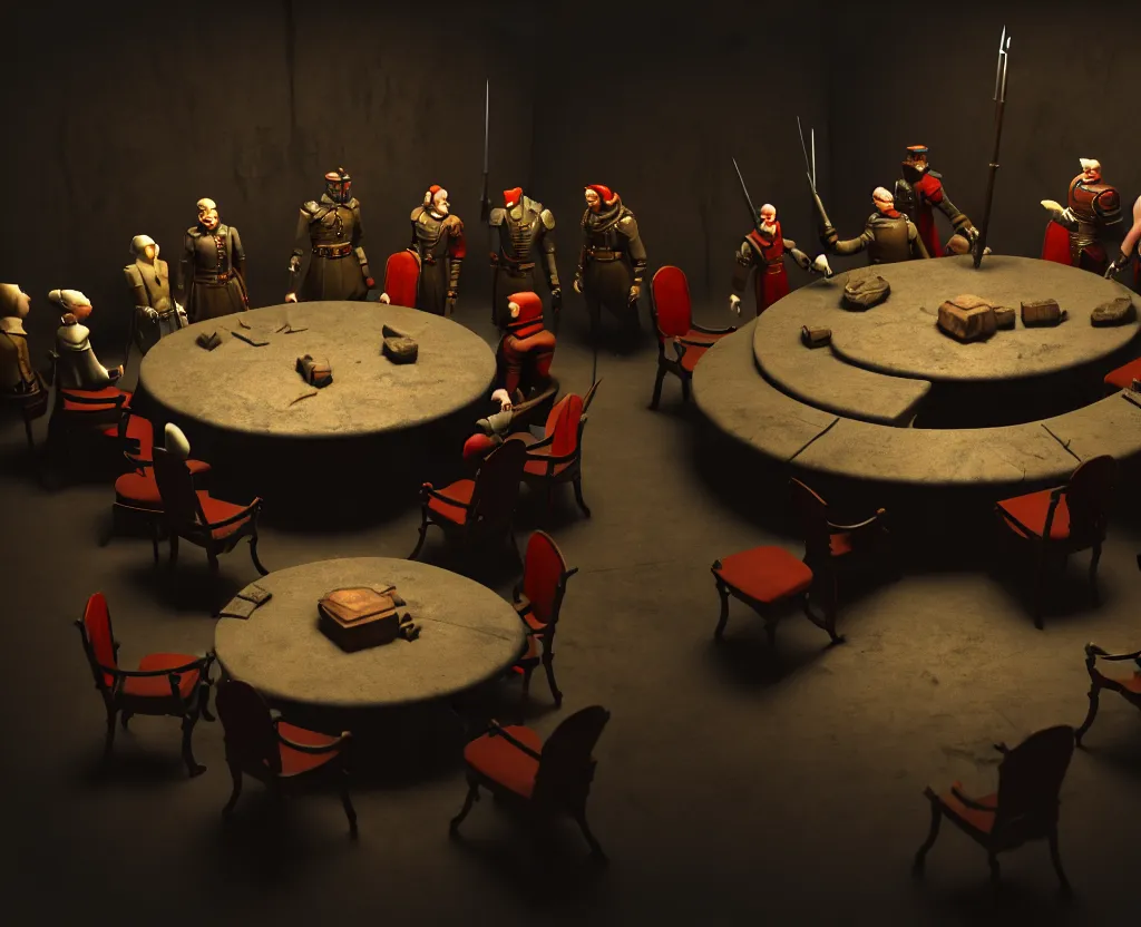 Prompt: the forbidden underground meetings of the traitors, a dimly lit stone room, some old chairs, all traitors are standing around a roundtable debating how to kill the king, cinematic landscape, betrayal in the air, octane render, artstation