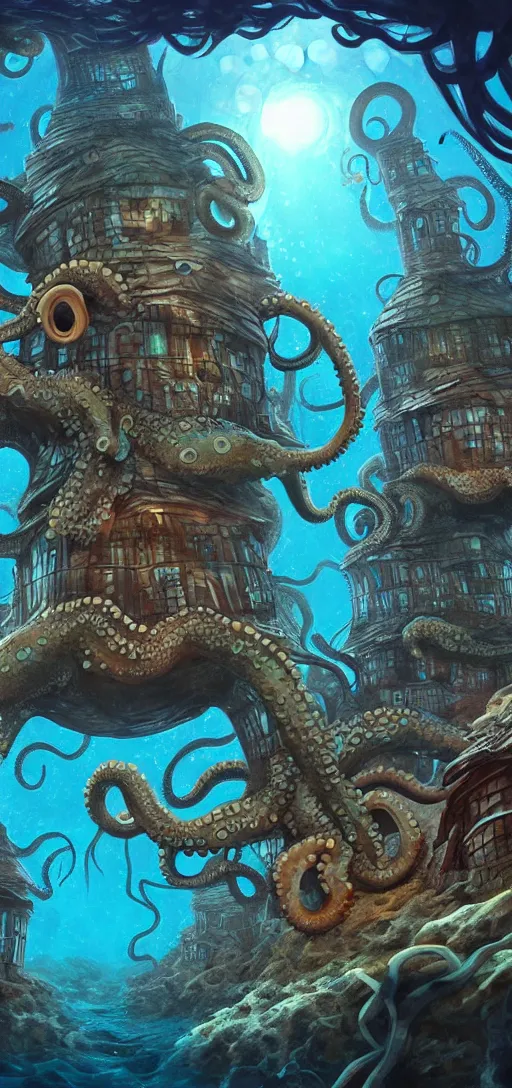 Prompt: octopus village. underwater. octopus houses. lovecraftian. beneath the sea. matte painting. artstation. deviantart. digital painting.