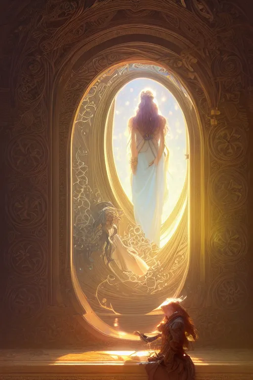 Image similar to painting of a shy noon in front of a dimensional portal, decorated, intricate, elegant, highly detailed, digital painting, artstation, concept art, smooth, sharp focus, illustration, art by artgerm and greg rutkowski and alphonse mucha, 8 k