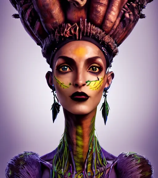 Prompt: an epic fantasy comic book style portrait painting of a very beautiful industrial goth mushroom dryad nefertiti as neytiri na'vi from avatar, character design by mark ryden and pixar and hayao miyazaki, unreal 5, daz, hyperrealistic, octane render, cosplay, rpg portrait, dynamic lighting, intricate detail, harvest fall vibrancy, cinematic