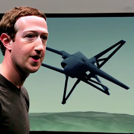 Image similar to mark Zuckerberg controlling a giant military drone from inside a military command center. Images of war on big screens.